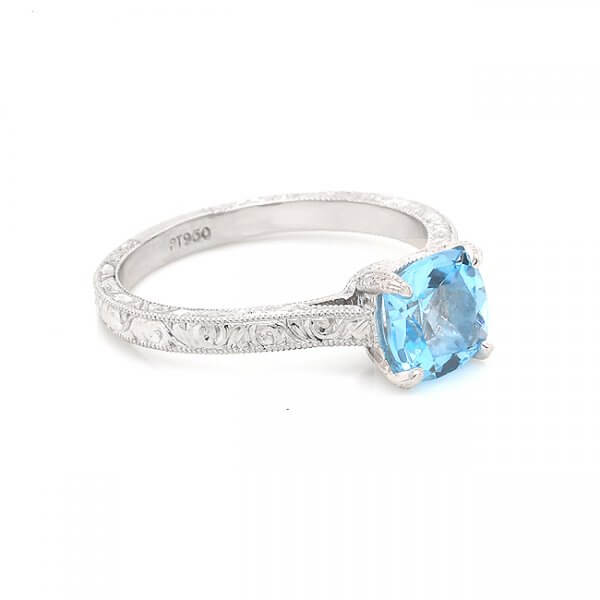 Hand Engraved Cushion Blue Topaz Engagement Ring