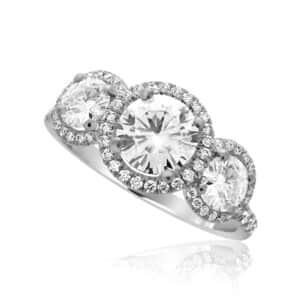 Triple halo diamond and moissanite ring