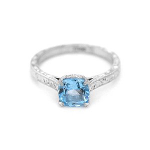 Vintage Hand Engraved Cushion Blue Topaz Engagement Ring