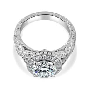 antique inspired braided lab diamond engagement ring with double halo, hand engraved shank, and vintage filigree details.