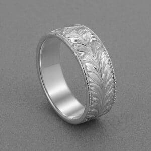 hand engraved wheat pattern mens wedding band white gold milgrain antique style 6mm orospot