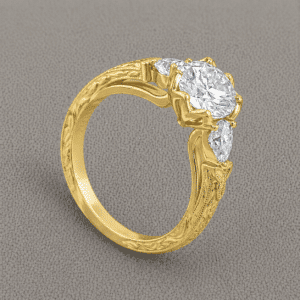 celtic vintage diamond engagement ring with 1ct round center pear side diamonds trinity knot engraving milgrain OroSpot