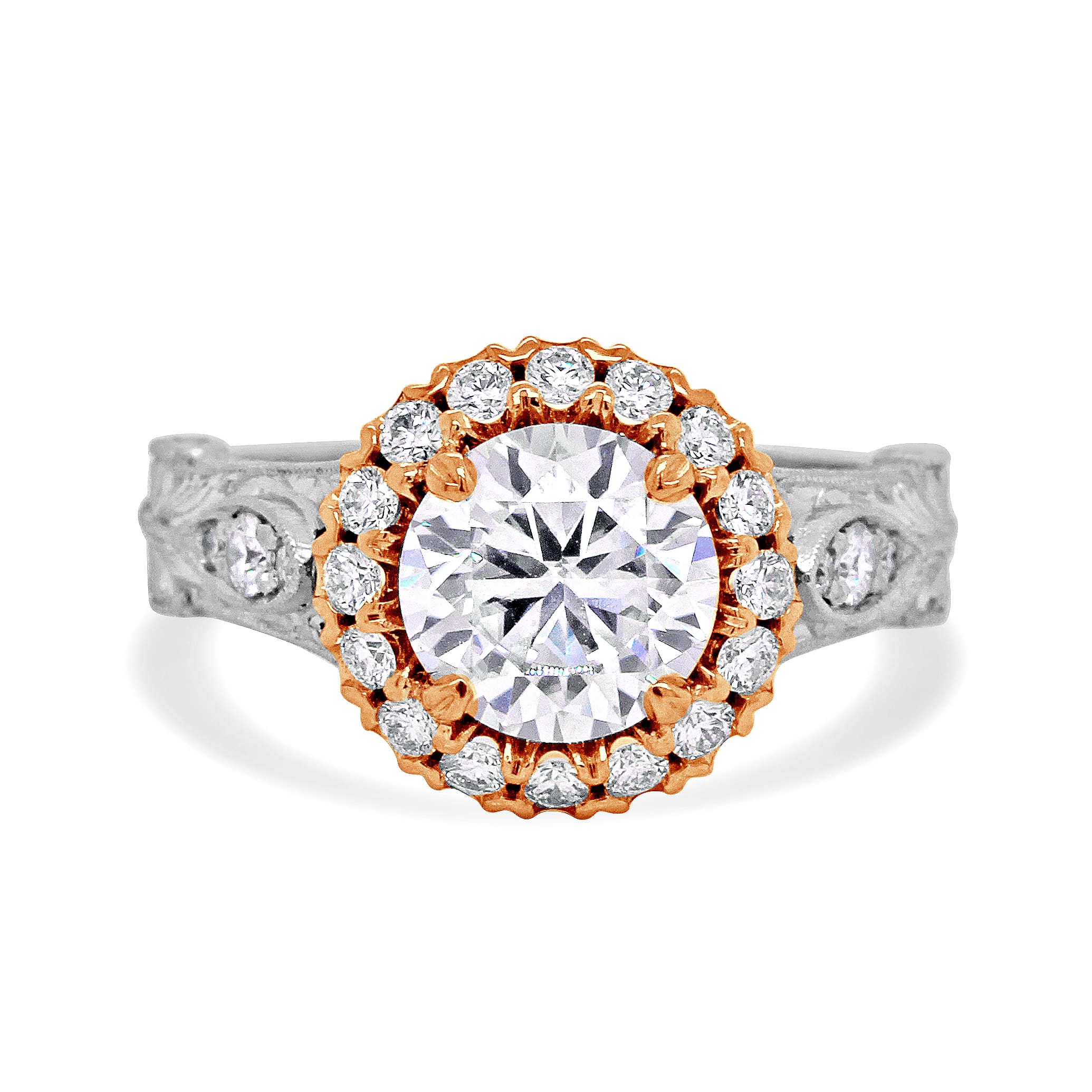 Vintage inspired diamond ring with hand engraving and round center stone in antique setting