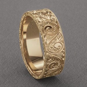 unique hand engraved mens wedding ring vintage style 14k gold art nouveau scroll engraving milgrain band orospot