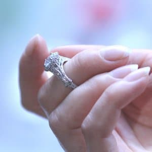 forever one moissanite hand carved halo ring
