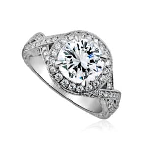 old world style 2ct lab diamond halo ring with milgrain edges, hand carved filigree, and braided platinum split shank.