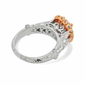 Two color vintage inspired diamond ring with engraved details and round center stone