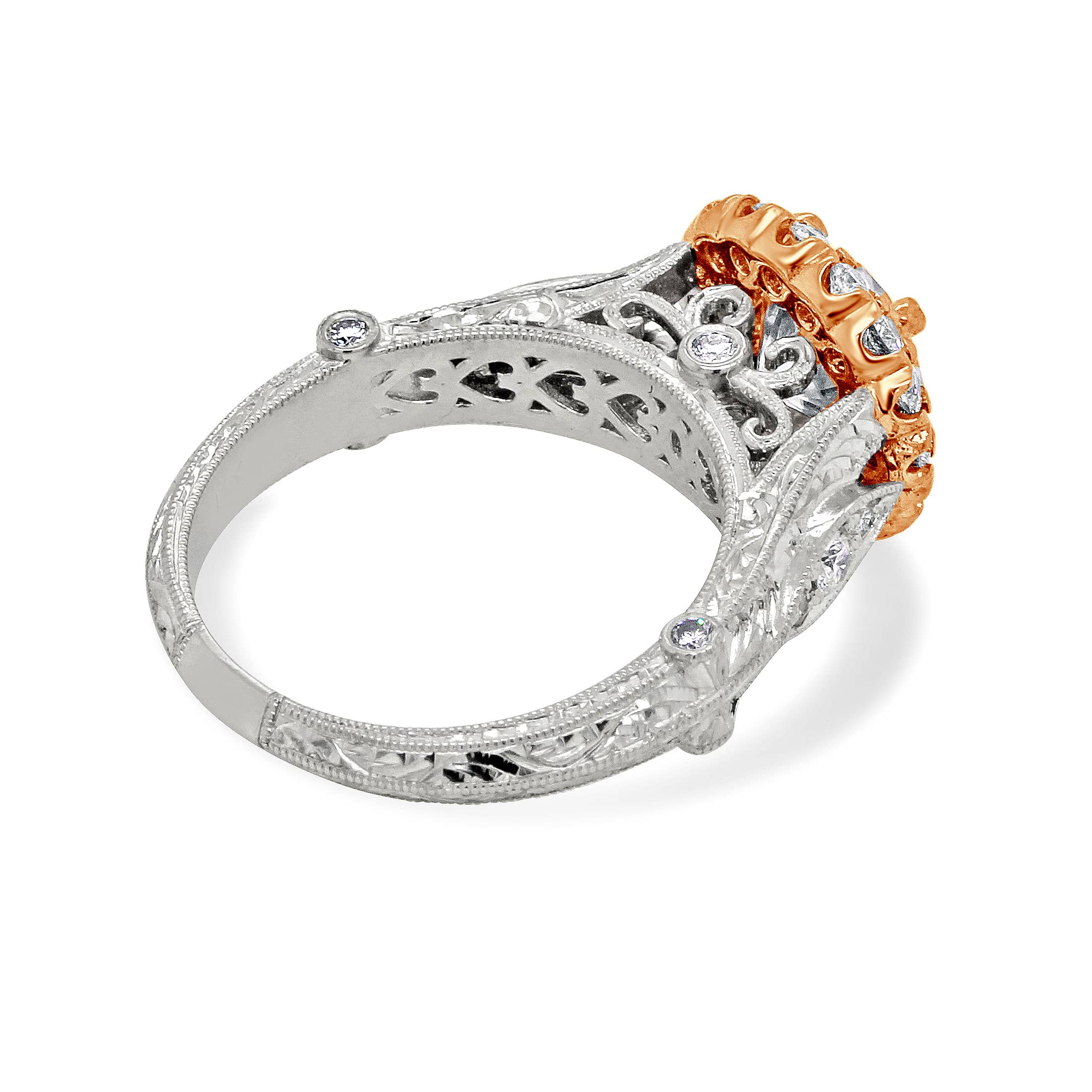Two color vintage inspired diamond ring with engraved details and round center stone