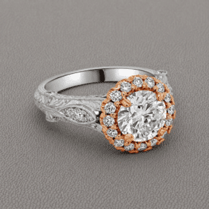 two tone art deco engagement ring with 1.5ct lab diamond halo pave diamonds engraved shank OroSpot