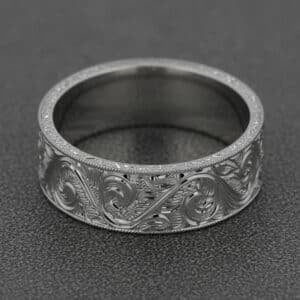 vintage engraved mens wedding band wide scroll hand carved gold ring milgrain edges orospot