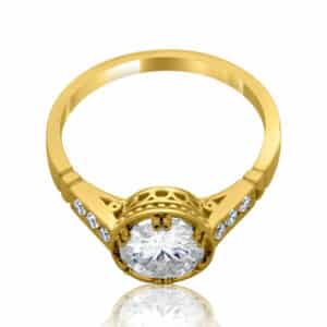 Vintage-inspired lab diamond engagement ring handcrafted in 18K yellow gold with filigree and pavé diamond accents