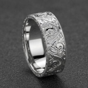 wide vintage mens wedding band hand carved scroll engraved gold ring milgrain detail orospot