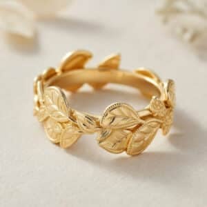 14K yellow gold organic vine and leaves wedding ring with intricate hand-engraved leaf details.