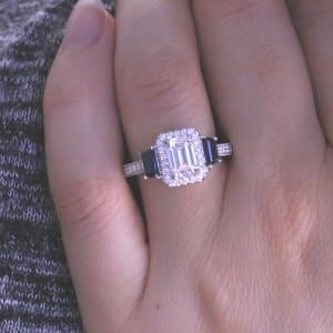 Filigree Antique Trapezod Blue Sapphires ring with EC Moissanite