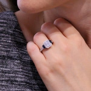 Filigree Hand Carved Emerald Cut moissanite and Sapphire Ring