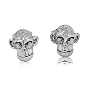 Gold monkey head stud earrings in 14K gold with detailed primate design and secure post backs.