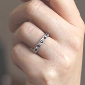 Hand etched antique wedding band 3mm pave diamonds and sapphires