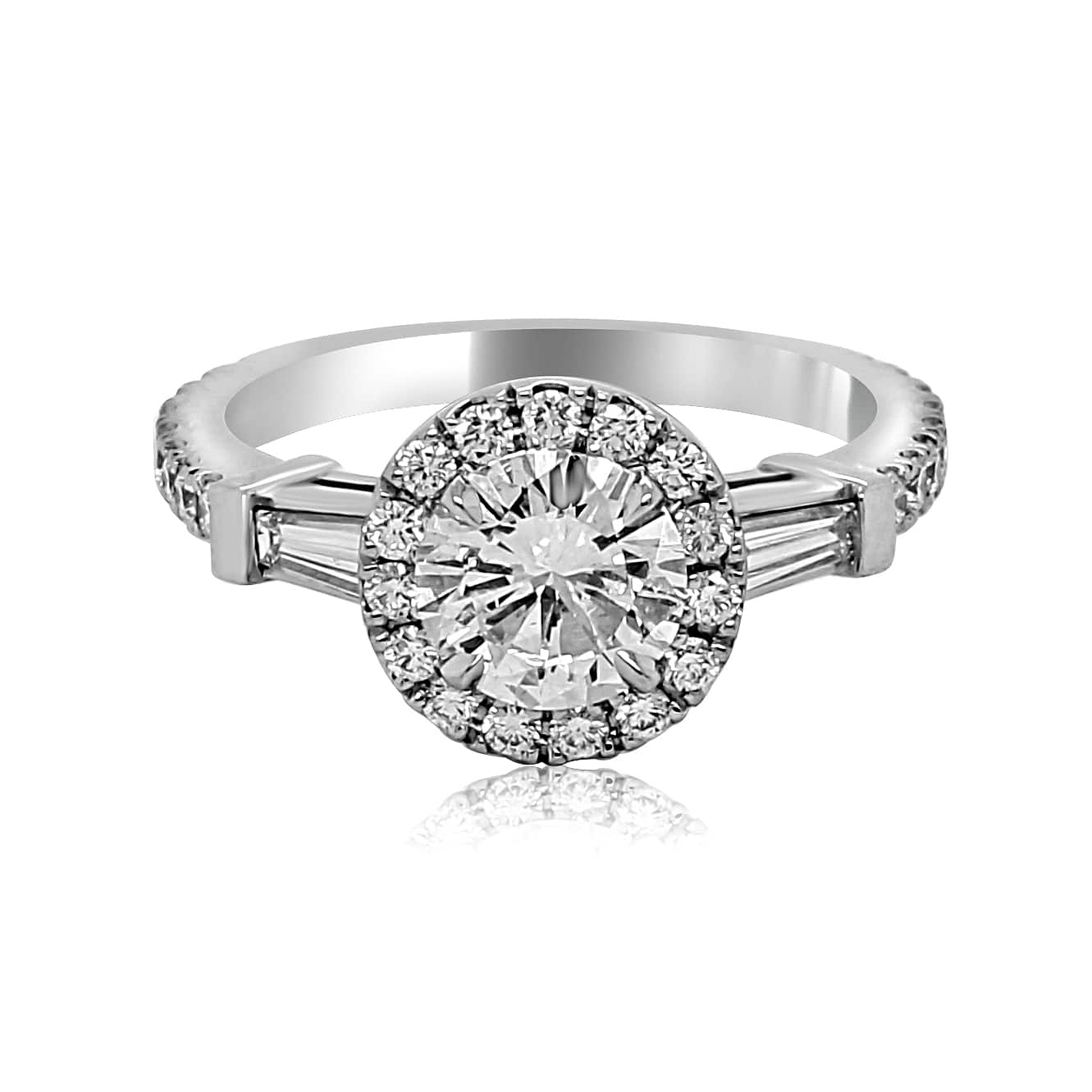 Modern diamond halo engagement ring in 14K white gold with lab-grown center stone and tapered baguette side diamonds