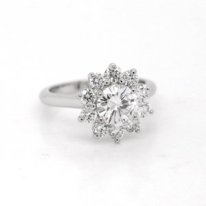 Modern diamond halo moissanite ring