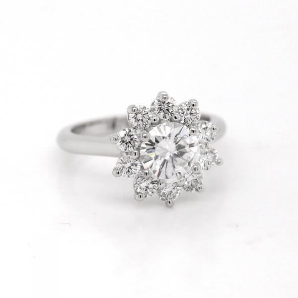 Modern diamond halo moissanite ring