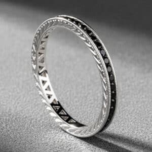 black diamond channel eternity ring 14k white gold hand engraved milgrain wedding band orospot