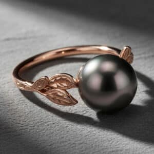 Black Tahitian pearl ring with engraved leaf details and milgrain in 14K gold by OroSpot.
