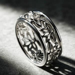 14K rose gold lotus flower wedding band with eternity lotus motifs and vintage filigree details handcrafted by OroSpot.