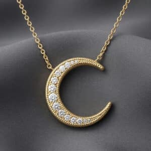 Crescent moon diamond necklace in solid gold inspired by celestial symbolism by OroSpot.