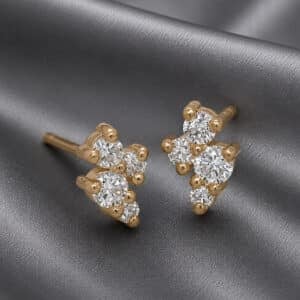 14K yellow gold diamond cluster stud earrings with natural round diamonds in a delicate floral-inspired arrangement.