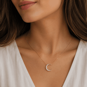 Woman wearing a diamond crescent moon necklace in gold by OroSpot.