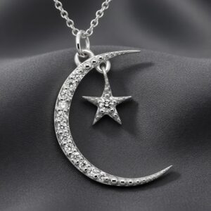 Diamond crescent moon and star pendant in 14K white gold by OroSpot.