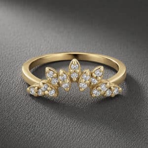 Diamond Crown Curved Band in 14K yellow gold featuring natural round diamonds in a delicate tiara-inspired contour wedding band design.