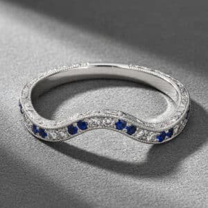 diamond sapphire vintage curved band pave set blue sapphires engraved milgrain 14k white gold orospot