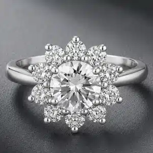 Flower cluster engagement ring with certified lab-grown diamond center and natural diamond halo in white gold.