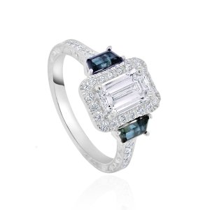 hand engraved 3 stone halo ring