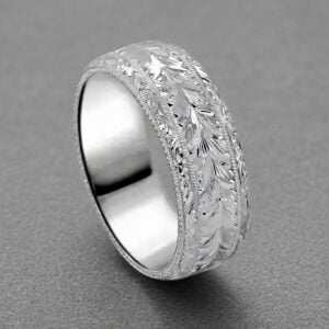vintage engraved mens wedding ring flat top faceted sides milgrain edges hand engraved band 14k white gold orospot