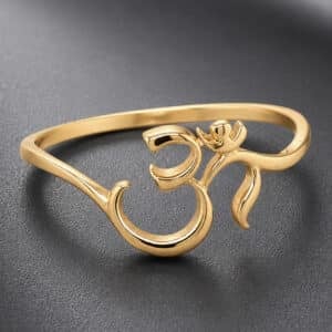 OM AUM spiritual symbol ring crafted in solid 14K yellow gold with a polished finish and minimalist open design.