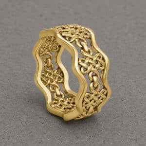 tibetan endless knot mens wedding band 8mm yellow gold geometric pattern ring orospot
