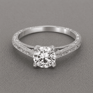 Vintage engraved diamond engagement ring with 1ct round center stone in cathedral four prong setting and hand engraved milgrain band by OroSpot