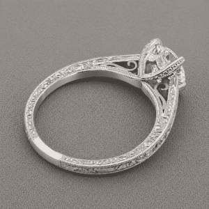 Vintage engraved diamond engagement ring with 1ct round center stone in cathedral four prong setting and milgrain band by OroSpot