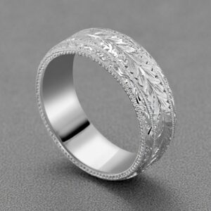 hand engraved mens wedding band vintage style two pattern engraving faceted sides milgrain detail orospot
