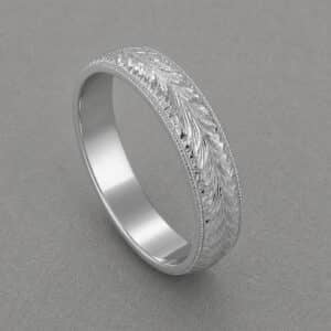 vintage engraved round mens wedding band 5mm white gold hand engraved milgrain edges orospot