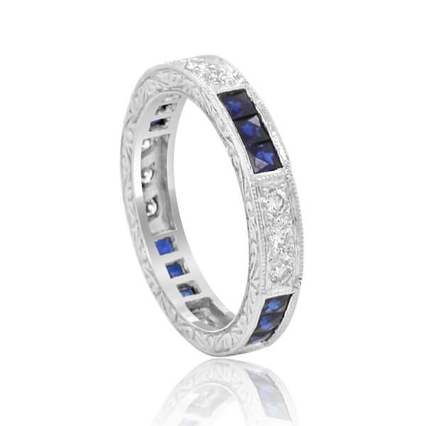 Art Deco Style Frech Cut Sapphires and diamonds wedding band