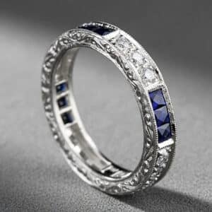 art deco sapphire diamond band platinum eternity ring princess cut blue sapphires pave diamonds orospot