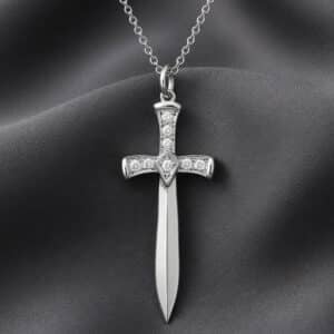 Diamond sword cross pendant in solid 14K white gold with pavé natural diamonds by OroSpot.