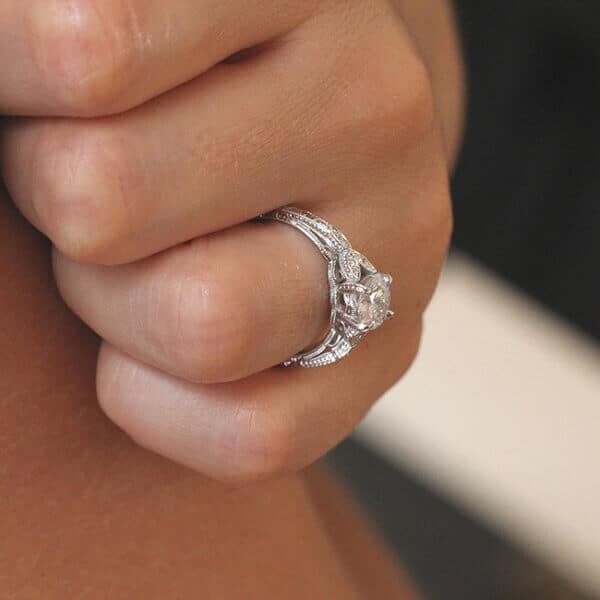 Hand etched filigree vintage engagement ring with Moissanite