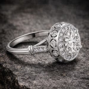 art deco 2ct lab diamond halo engagement ring in white gold with pavé halo, diamond gallery and vintage inspired detailing