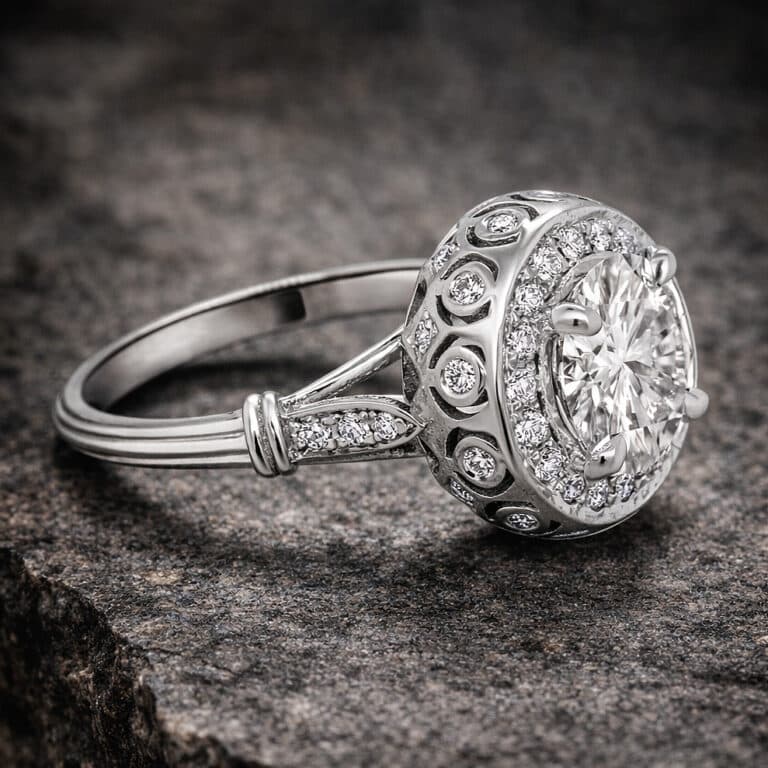 art deco 2ct lab diamond halo engagement ring in white gold with pavé halo, diamond gallery and vintage inspired detailing