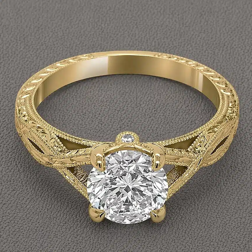 braided vintage diamond engagement ring 1.5ct lab diamond hand engraved milgrain band 18k yellow gold orospot