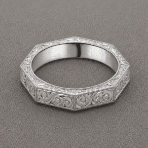 geometric mens wedding band octagon engraved ring flat surfaces detailed engraving milgrain finish orospot